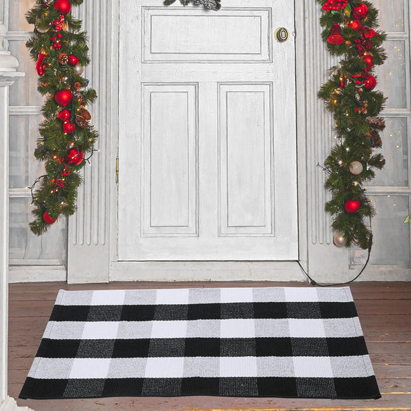 Buffalo Plaid Rug 2'x3' - Black and White Check Cotton Hand-Woven Outdoor Door Mat for Entryway