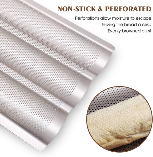Baguette Pan, French Bread Pans For Baking Pan, Nonstick 3 Slots Perforated Italian Loaf Pan Mold Long French Bread Pan,Golden by Fulimax