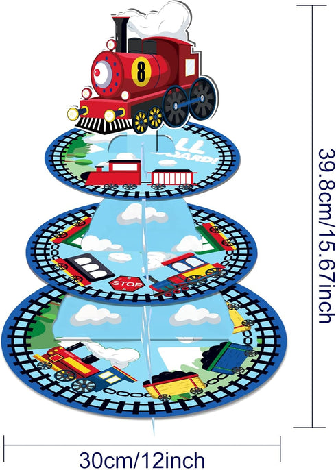 3-Tier Lide Road Train Cardboard Cupcake Stand - Birthday Party Supplies, Round Dessert Cake Tower for Train Theme Baby