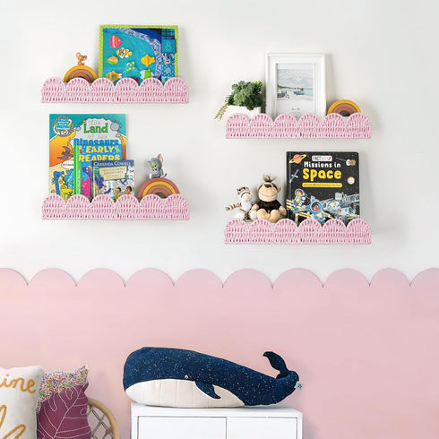 Set 4, AELS Scalloped Nursery Bookshelf, of Picture Ledge Shelf for Wall Decor, Woven Natural Fibre Floating Shelves