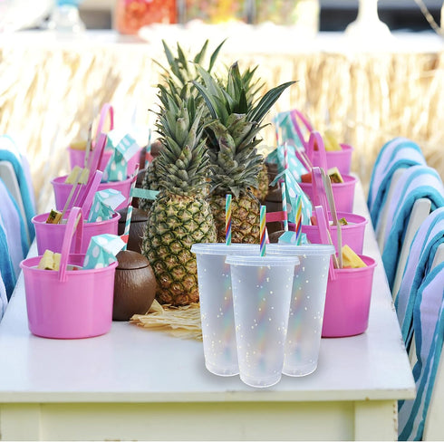 Generic 24 oz Reusable Color Changing Rainbow Cup, with Rainbow Straw and Lid, 4 Pack, Multicolor