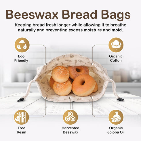 PURIME Beeswax Bread Bag Reusable Sourdough Bread Bags for Artisan Loaves Eco-Friendly, Washable & Sustainable Reusable