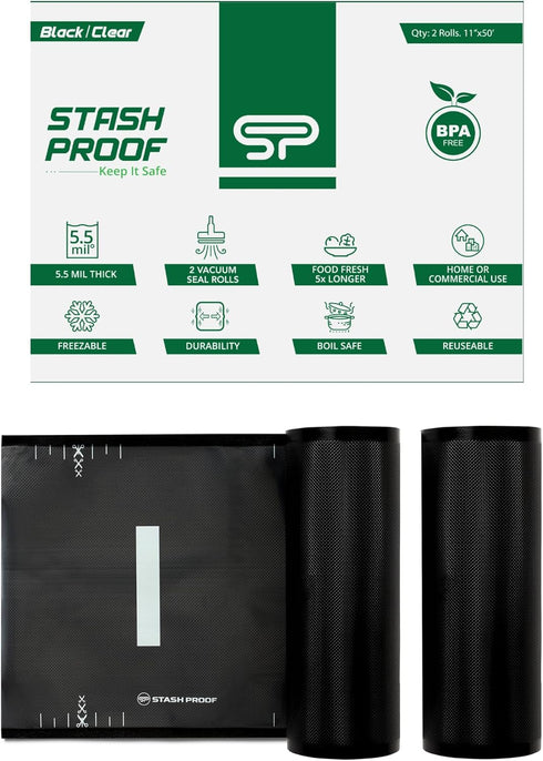 Vacuum Seal Rolls 11" x 50' 2 Pack (Total 100 Feet) - Clear and Black, 5.5 Mil BPA Free Food Saver Sealer Bag