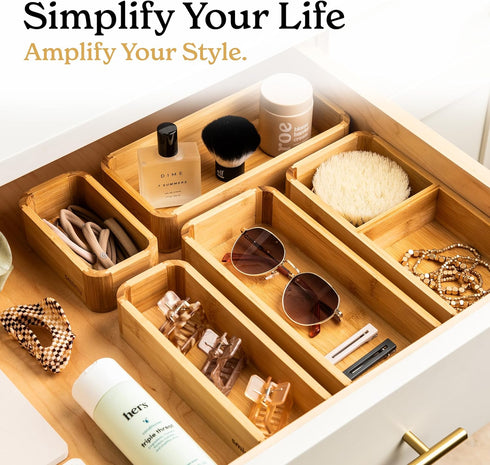 SMIRLY 5-Piece Bamboo Kitchen Drawer Organizer Set for Multi-use Storage Box for Utensils and More