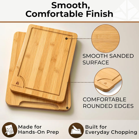 Set 3 Set of Bamboo Cutting Boards for Kitchen - Thick & Durable Wood Cutting Boards with Deep Juice Grooves & Build