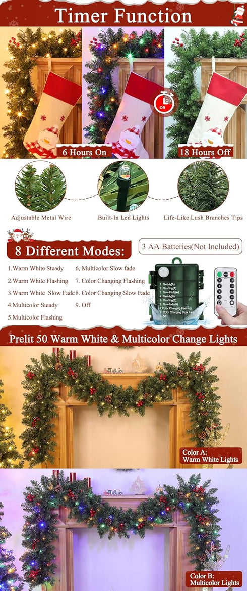 9 8 TURNMEON Dual Color Change Ft Prelit Christmas Garland Remote Control Warm White & Multicolor Lights Timer Modes