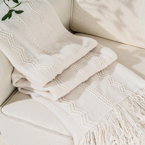 BATTILO HOME Boho Cream Throw Blanket for Couch, Decorative White Blanket Throw for Sofa Living Room, 50"x60"