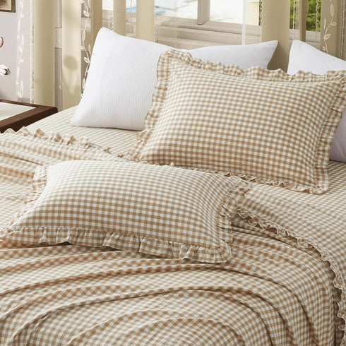 2 20x36 Inch, KKJIAF Pcs Plaid Ruffle Pillow Case King Size, Ruffled Gingham Cotton Pillowcases Linen Feel Plaid Bed
