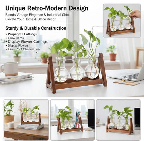 3 Bulb (1, 3-Bulb) Plant Terrarium with Wooden Stand, Glass Vase Metal Holder, Retro Hydroponics Planter