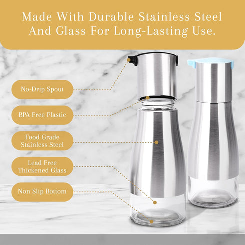 2LB Set 7.1"H 2.7"L 2.7"W Depot Oil and Vinegar Dispenser - Brushed Steel & Glass Containers with Anti-Drip Spout Lid