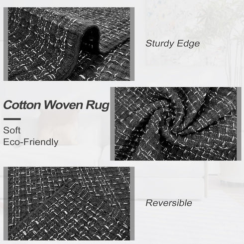 Boho Bathroom Rugs, 2' x 3' Hand Woven Cotton Entryway Rug | Reversible Washable Farmhouse Black Rug for Entrance