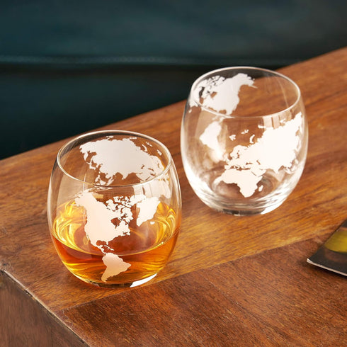 Set of 2 Viski Globe Glass Whiskey Tumblers, 10 oz, Etched Glass Whiskey Enthusiast Gift and Glassware Accessory