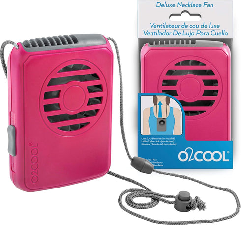 O2COOL Battery Powered Deluxe Necklace Fan for Personal Cooling, Adjustable Lanyard (Pink)