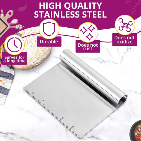 Bench Scraper Kitchen Tool – Multipurpose Pastry Scraper with Measuring Scale, Pizza & Bread Dough Cutter, Stainless