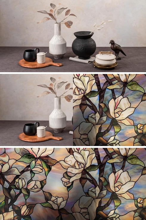 Artscape Star Magnolia Window Privacy Film, Stained Glass Pattern, Non-Adhesive & UV Protection, 24 x 36 inches
