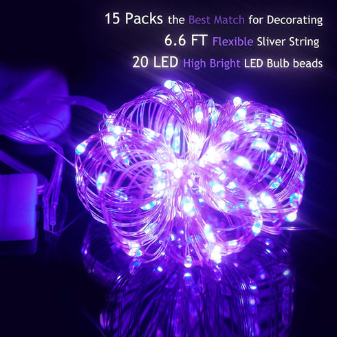 15 Packs 20 LED Purple Fairy Lights, Battery Operated 6.6ft Silver String Lights Waterproof for DIY Table Centerpieces
