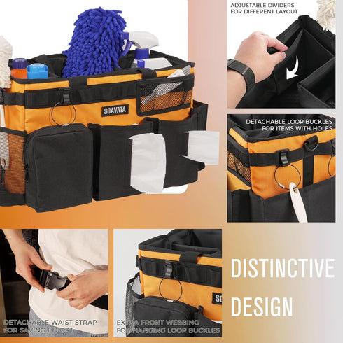 Wearable Cleaning Caddy Bag, Organizer with Handle & Shoulder Straps, 4 Foldable Dividers for Housekeepers, Car Cleaning