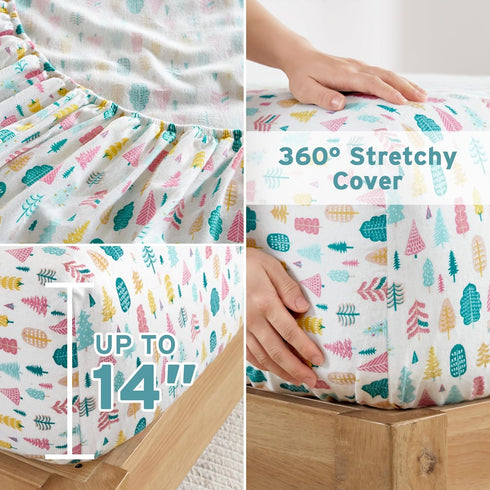 Cozy 100% Set, 14" 3 Intelligent Design Soft Cotton Flannel Sheets, Breathable Festive & Adorable Print Cotton Flannel