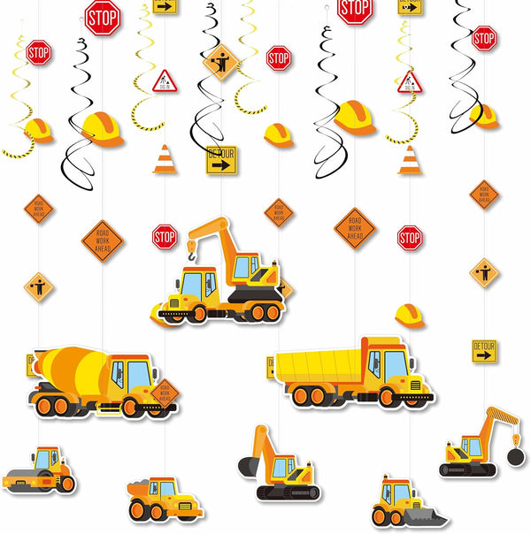 16Pcs Construction Theme Party Hanging Decorations Swirl Set with Trucks, Traffic Cone
