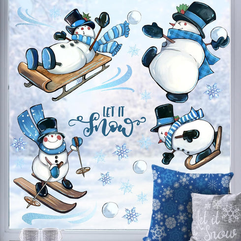 Mfault 139 PCS Winter Snowman Window Clings, 4 Sheets Let It Snow Wall Stickers for Christmas Home Decor