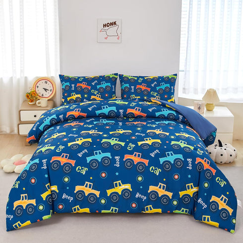 Set 3 Set Sets ZRNBAST Cartoon Car Kids Comforter Full Pieces Construction Bedding for Boys Deep Blue Trucks Bedding