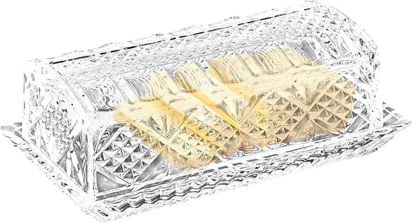 Large 7" x 3.75" x 2.75" Deep Danish Crystal Covered Butter Dish, Beautiful Decorative Design