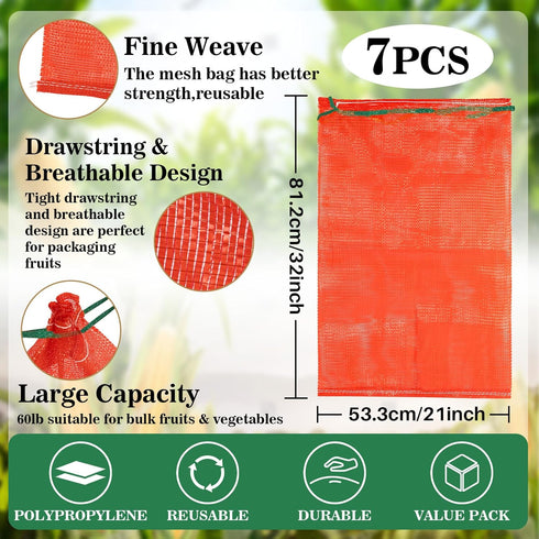 Sukh 7 Pcs Large Mesh Produce Bags - 60lbs Mesh Vegetable Bags Reusable Washable Mesh Storage Bag Breathable Produce Bags Onion Storage With Drawstring for Potato Onion Citrus Fruits 20"X32" Red