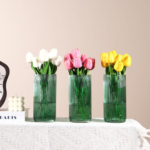 Set 3, 8 Inches Green Glass Vases, Flower Vases of Ribbed Glass Vase for Tulips, Tall Cylinder Glass Vases for Living