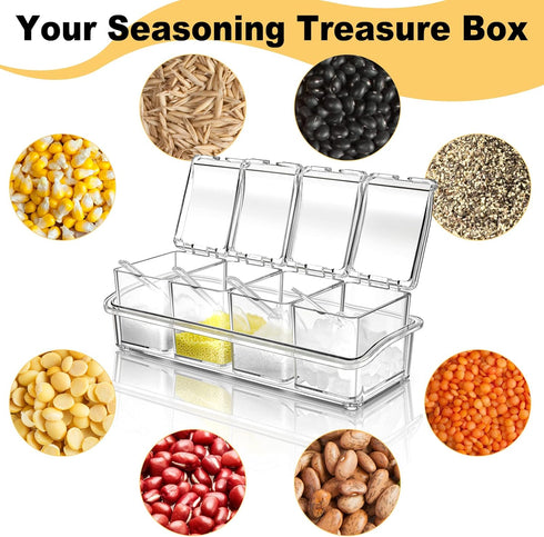 4 Set 16 10 4 3.3 Inch Bokon Acrylic Clear Seasoning Box with Spoon, Pcs Kitchen Seasoning Organizer Box Spice Pots