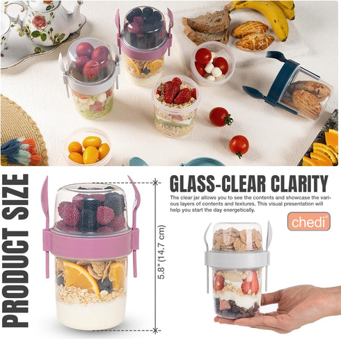 4-Pack 22 oz (22 oz 4 Pack) Portable Breakfast Cups with Lids & Spoons Reusable Cereal and Yogurt Containers