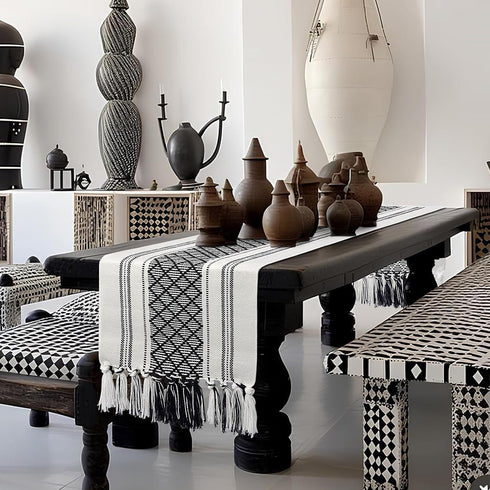 72 Inches yuboo Black and White Table Runner Farmhouse Style, Modern Long Geometric Woven Coffee Table Runner Long