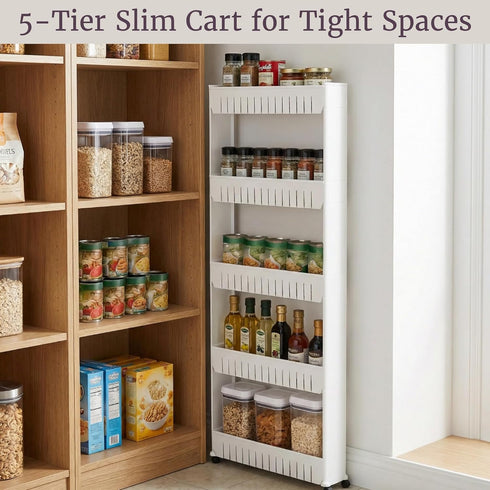 5-Tier Slim Rolling Storage Cart - Utility Cart with Wheels for Bathroom, Kitchen, and Laundry Room - Bathroom Shelves