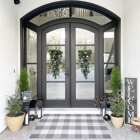 SEEKSEE 27.5"x43" Cotton Buffalo Plaid Rug, Gray and White Checked Washable Doormat for Indoor Outdoor Layered Entry