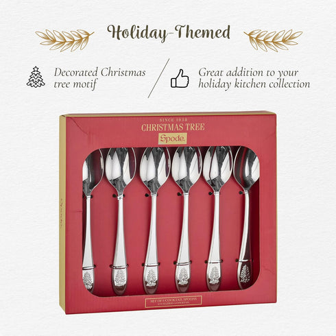 Spode Christmas Tree Cocktail Spoons | Christmas Dessert Spoons | Flatware Set for 6 | 18/10 Stainless Steel Utensil