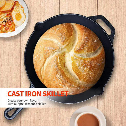 Pre-Seasoned 10 Inch Cast Iron Skillet, Deep Frying Pan with Two Silicone Handles for Stovetop, Induction, Oven