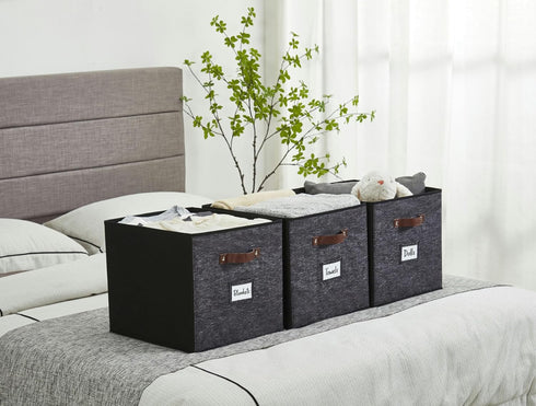 DECOMOMO Storage Baskets 13x15x13 - Storage Cube Bins with Label Holders for Organizing Shelves, 4pcs, Black Pattern