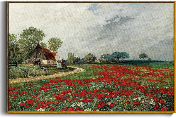 crmotu Vintage Decor Landscape Canvas Wall Art - Daisy Floral Framed Bedroom Decor, Cottagecore Aesthetic 16"x24"