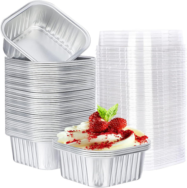 EUSOAR Cupcake Baking Cups with Lids, 50pcs Silver Aluminum Foil, 5oz Ramekins for Baking Cake, Pie, Souffle