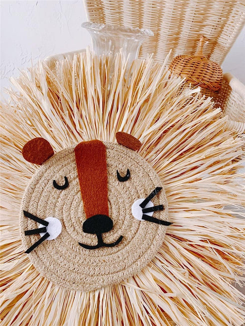 Charlbytion (16''*16'', Wall Art Animal Head Hand Knitted Hanging,Cotton Thread Weaving Straw Cartoon Tassel Beard Lion