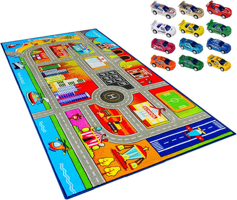 Booooom Jackson Kids Carpet Playmat with 12 Toy Cars for Age 3+