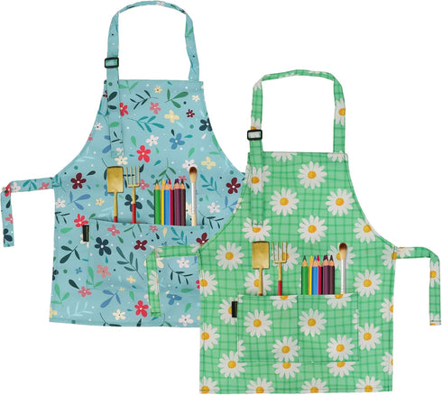 BeeGreen Kids Cooking Aprons with Adjustable Strap, Front Pocket Kitchen Aprons for Toddler Painting & Baking