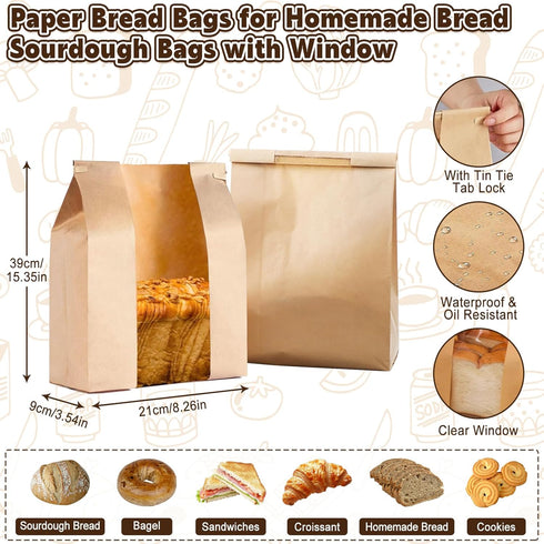 2 Pack 10 Reusable Bread Bags for Homemade Bread Sourdough, XL Bread Bag with Zipper, Pcs Large Paper Bags with Window