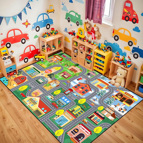 Car Rug for Kids Playroom - Road Rug for Boys Room Kids