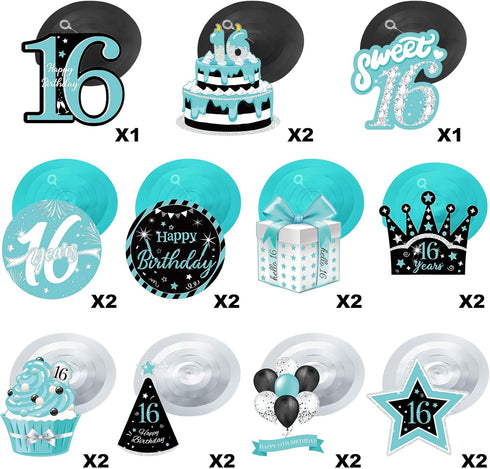 Sumind 30 Pcs Birthday Hanging Swirl Decorations, Teal Silver Black Blue Turquoise Foil Swirls Ceiling Decor for Girls