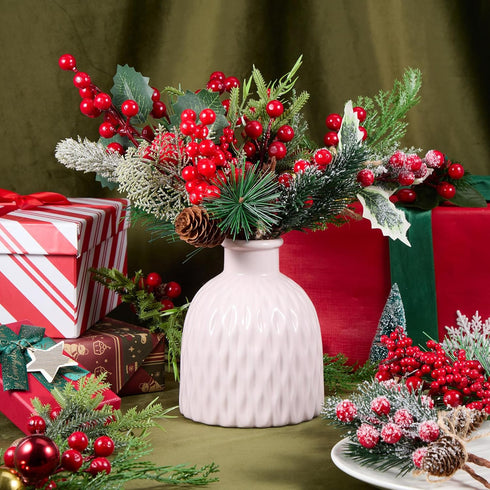 WILLBOND 24 Poinsettia Pcs Artificial Christmas Tree Picks Red Berry Pine Picks Spray Berry Branches Holly Pine Flower