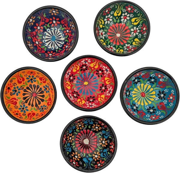 Decorative Turkish Ceramic Bowl Set of 6, Handcrafted Pinch Sauce Dipping Bowls, Multicolor