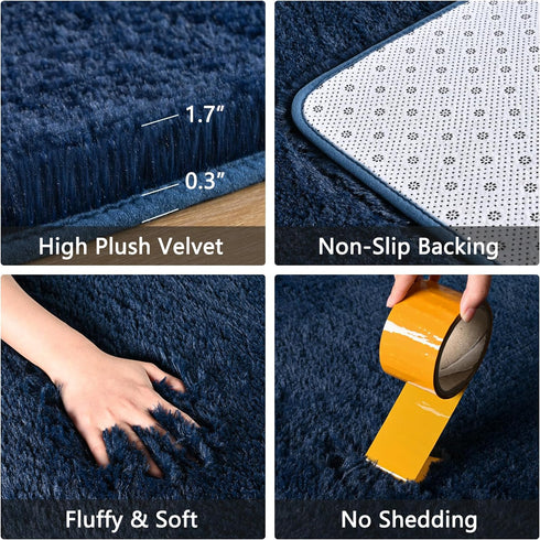 Soft Navy Blue Runner Rugs, 2x4 ft Plush Fluffy Carpets for Bedroom, Shag Furry Area Rug for Living Room Girls Kids Room