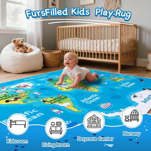 4x5ft Kids Playroom Rug, World Map Play Mat with Cute Animals, Washable Durable Soft Carpet Kid Educational Rugs