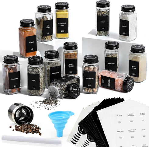 AOZITA 14 Pcs Glass Spice Jars with Black Lids, 4oz Square Bottles, Airtight Metal Caps, Silicone Funnel