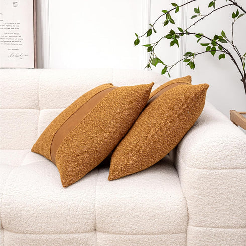 Pack 2 18 18 Inch of Orange Brown Boucle Decorative Pillow Cover with Faux Leather Modern Accent Pillow Case x Textured